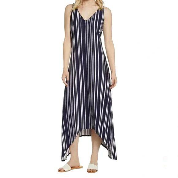 TOMMY BAHAMA ANOCHE SLEEVELESS STRIPE SHIFT HI-LOW MAXI DRESS STRIPE MEDIUM - Picture 1 of 5